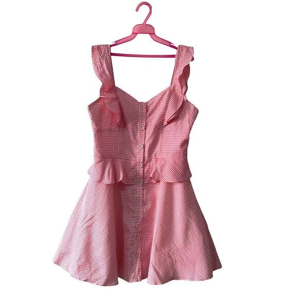Gianni Bini Pink Gingham Mini Dress Coquette Preppy Size L Sleeveless Ruffle - Picture 1 of 7